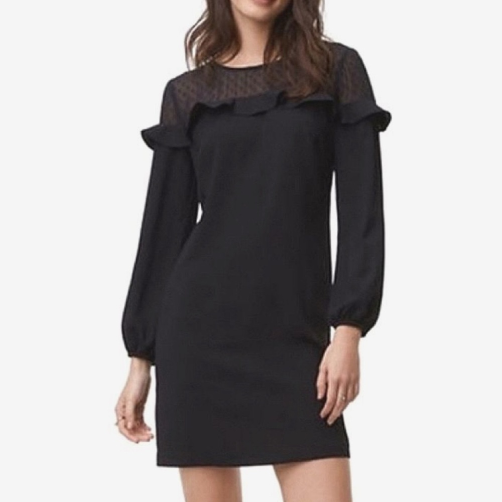 NWT Loft Black Sheer Dot Ruffle Yoke Dress Size 6P Petite Mini - Picture 9 of 9